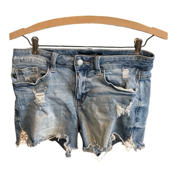 Judy Blue Pants - Judy Blue Light Blue Distressed Jean Shorts with crochet accents